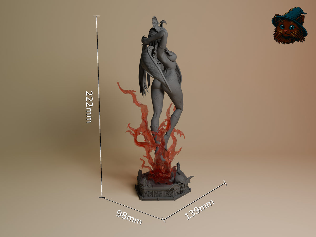 Morrigan Aensland from Dark Stalkers is a partly painted resin figure, rear-facing, with bent legs, wings, flames, and a sc​?