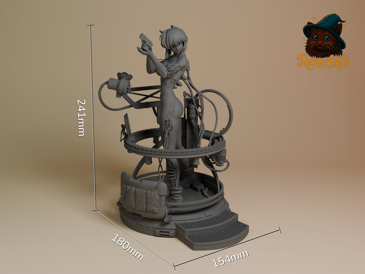 Motoko Kusanagi from Ghost in the Shell is an unpainted resin figure with pistol on a mechanical base.