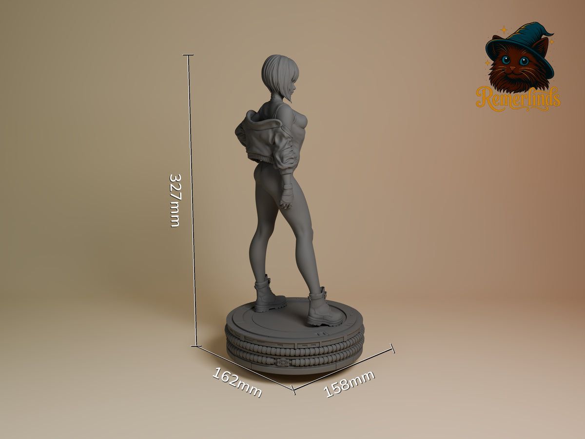 Motoko Kusanagi from Ghost in the Shell is an unpainted resin figure standing in profile on a round base.