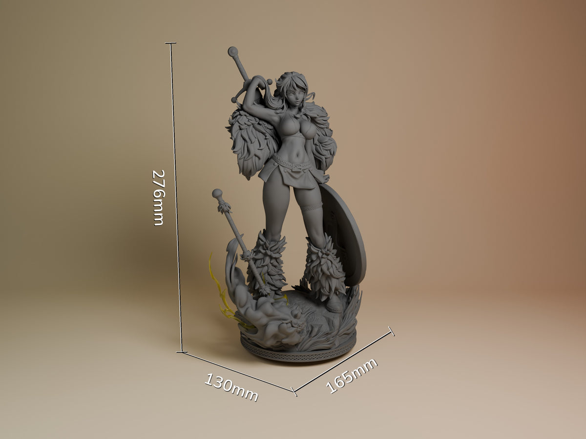 Nami resin figure from One Piece shown at scale (276mm height), unpainted gray resin with dynamic pose holding staff, wings and flowing cape details visible on decorative base.