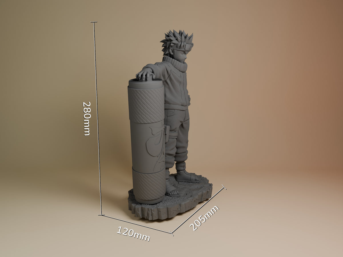 Whirlpool Shinobi resin figure shown at 280mm height with cylindrical prop, displayed on textured base against neutral backdrop with scale dimensions.