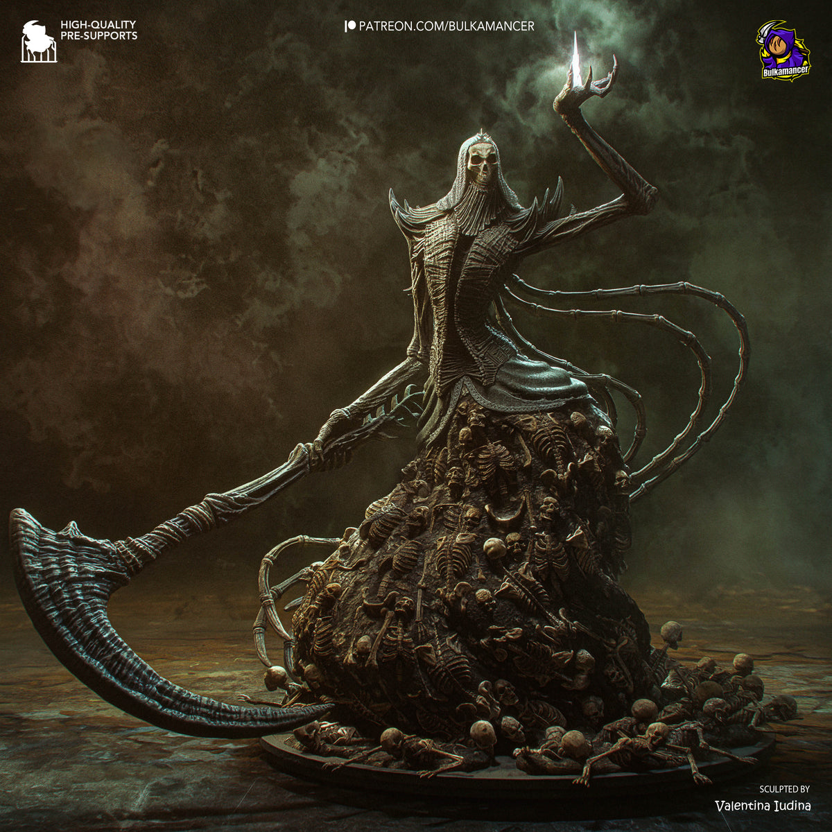 Nashadara resin figure from Dark Souls, beautifully painted in metallic gold and teal, posed dramatically atop a detailed skull base with outstretched arms and flowing robes by Bulkamancer.