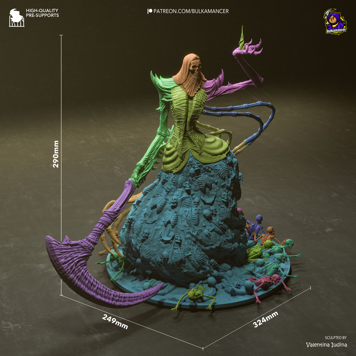 Nashadara resin figure at 290mm height, painted in greens, purples, and blues, shown at three-quarter angle with scale reference figures on the base.