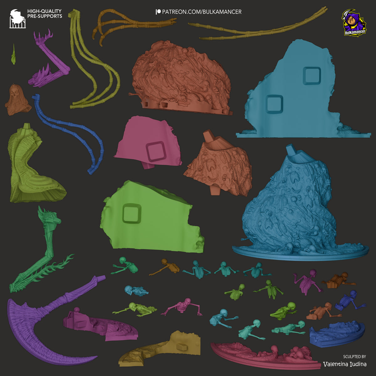 Nashadara resin figure parts display showing unpainted components in green, blue, pink, brown and purple, plus painted miniature figures and base options by Bulkamancer.