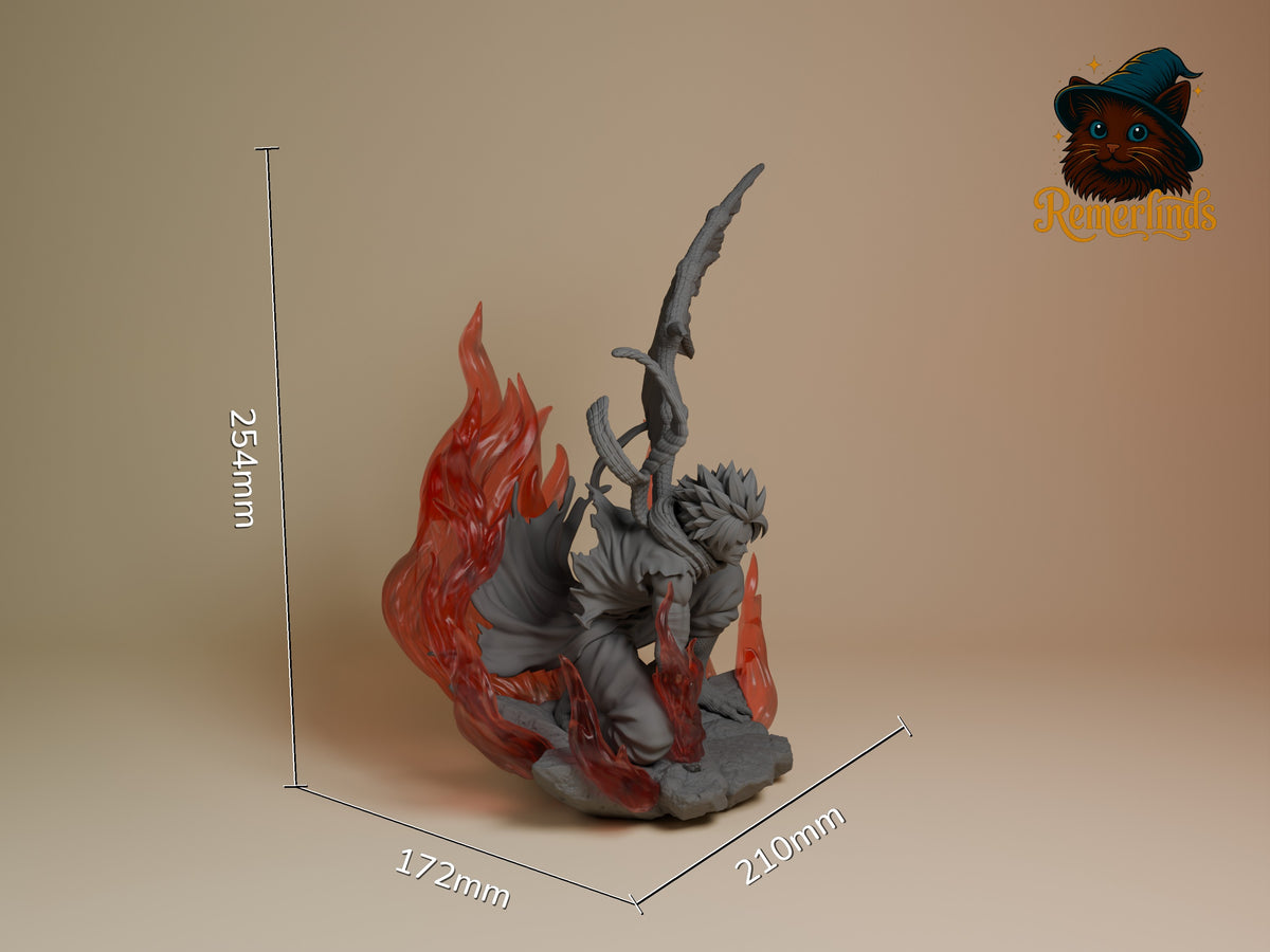 Natsu Dragneel from Fairy Tail is a painted resin figure in a crouching three-quarter pose with flames on a rocky base.