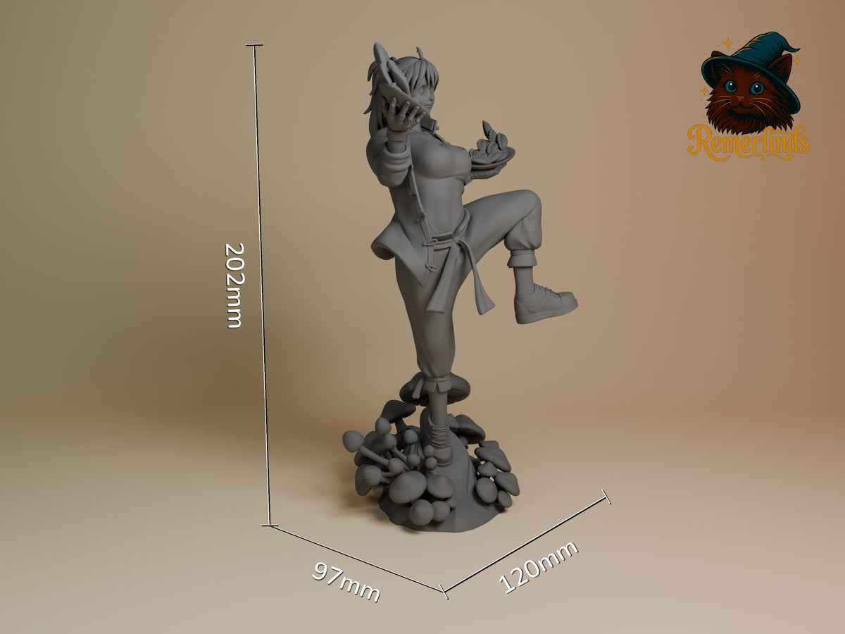 Nikaido from Dorohedoro is a gray unpainted resin figure, posed on a mushroom base with 202mm height shown.
