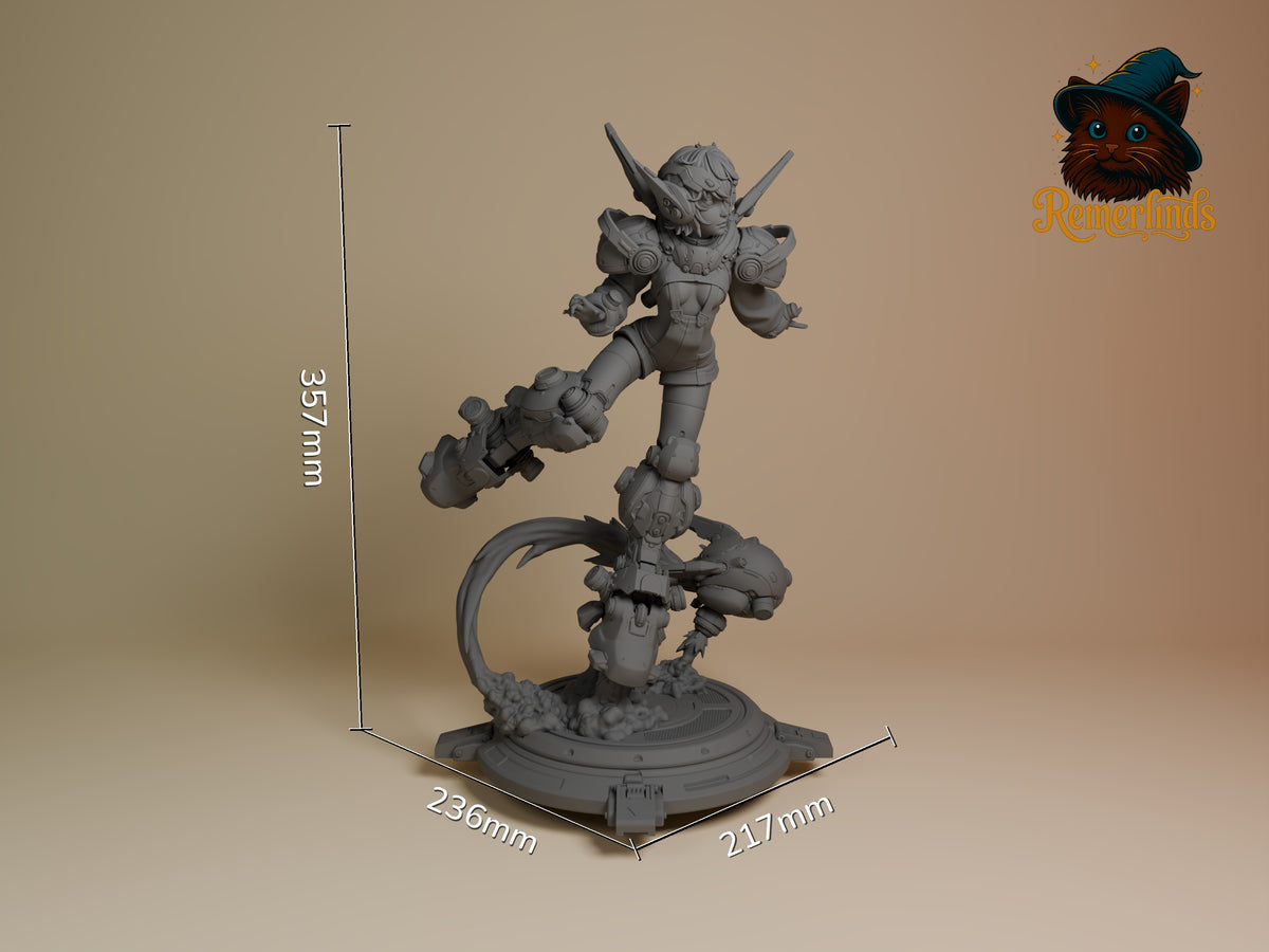 Gray resin figure of Nillai and BBlue standing on circular base with measurement scale showing 357mm height, 236mm and 217mm width dimensions.