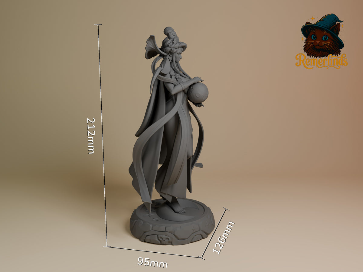 Night Matron from Hades is an unpainted resin figure, shown in profile holding a sphere on a sculpted base.