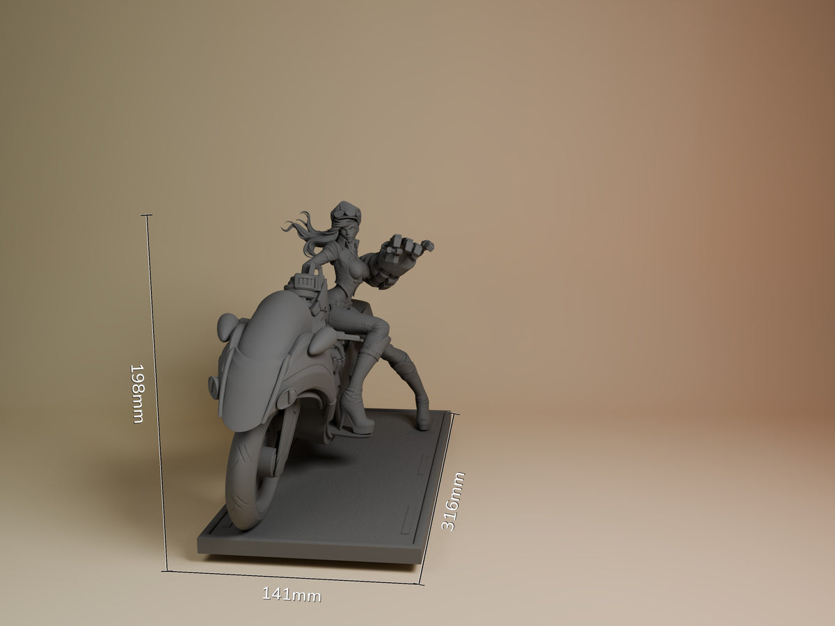 Vi resin figure from League of Legends shown at scale on black base, unpainted gray, riding motorcycle with dynamic pose, 141x316x198mm.
