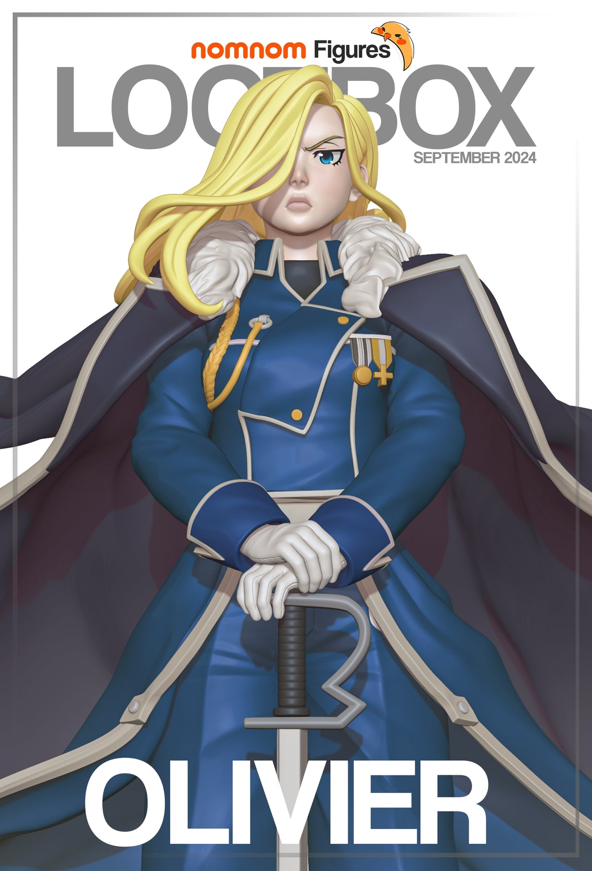 Front-facing painted Olivier Armstrong resin figure from Fullmetal Alchemist, hands crossed over her sword.