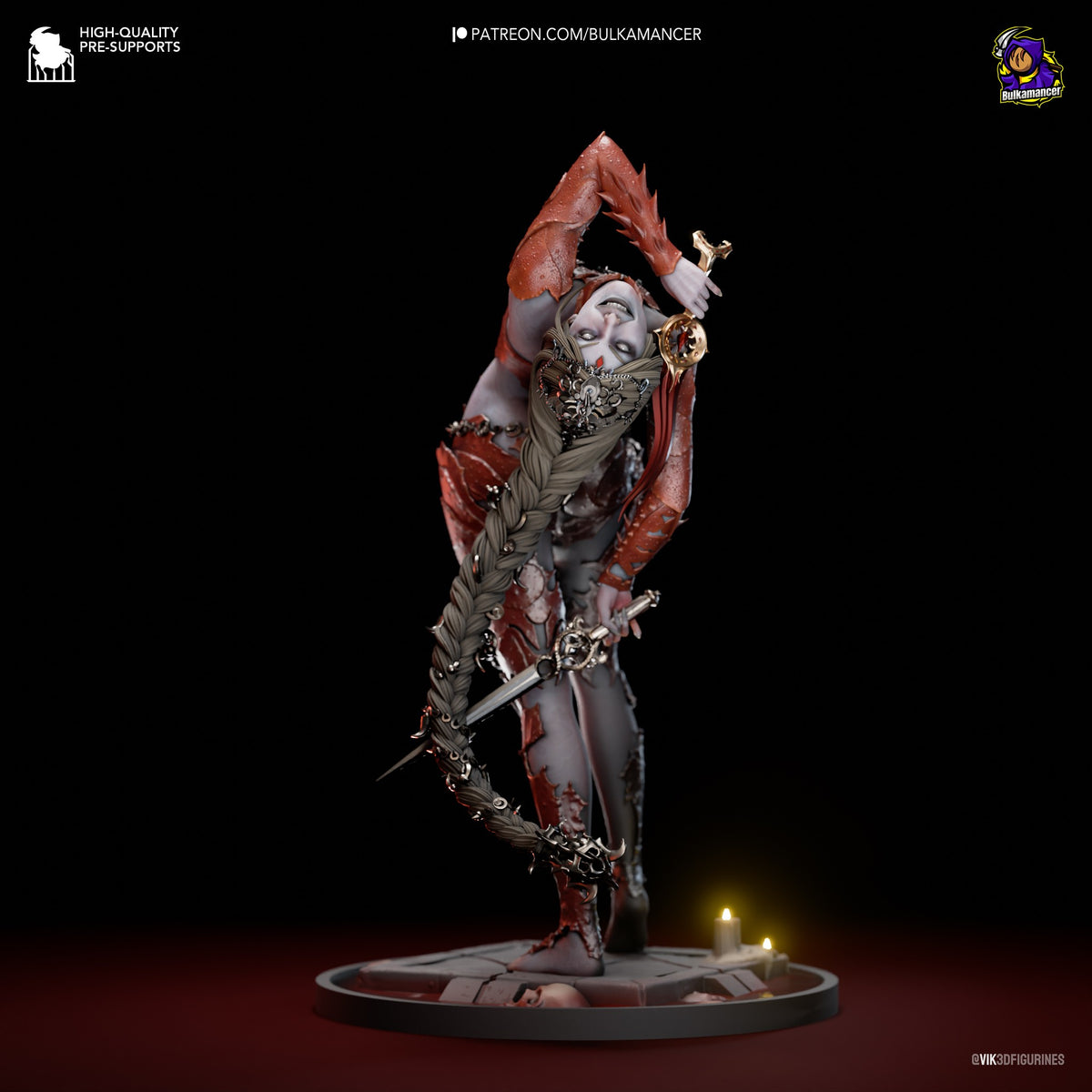 Orin the Red resin figure in dynamic pose with red wings raised, ornate armor and jewelry, holding sword, on circular base with candles.