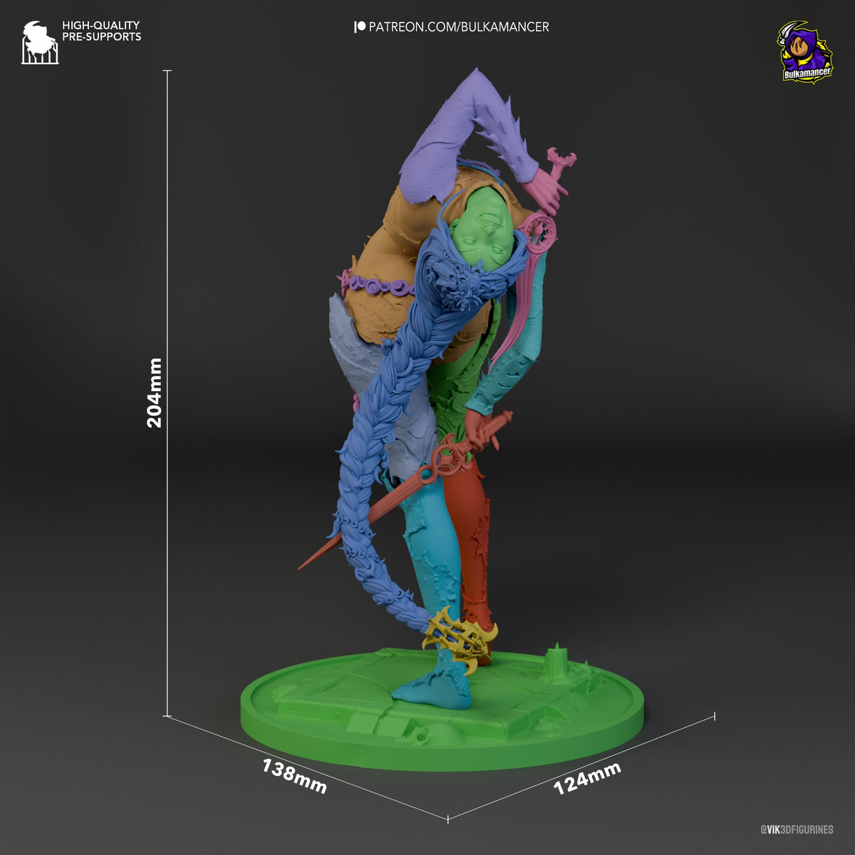 Colorful resin figure of Orin the Red from Baldur's Gate shown at scale against 204mm height reference, displaying detailed multi-colored paint work and base.