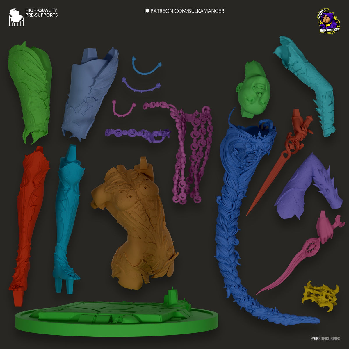 Orin the Red resin figure parts laid out in multiple colors: green leaves, blue wrappings, purple horse head, red limbs, brown torso, pink tail, and cyan arm against dark background.