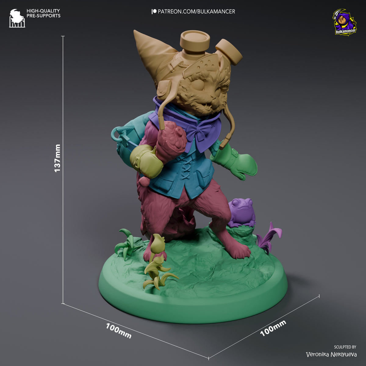 Colorful resin figure of Palico and Toad from Monster Hunter shown at 137mm height on green base, displaying painted details and dynamic pose from front angle.