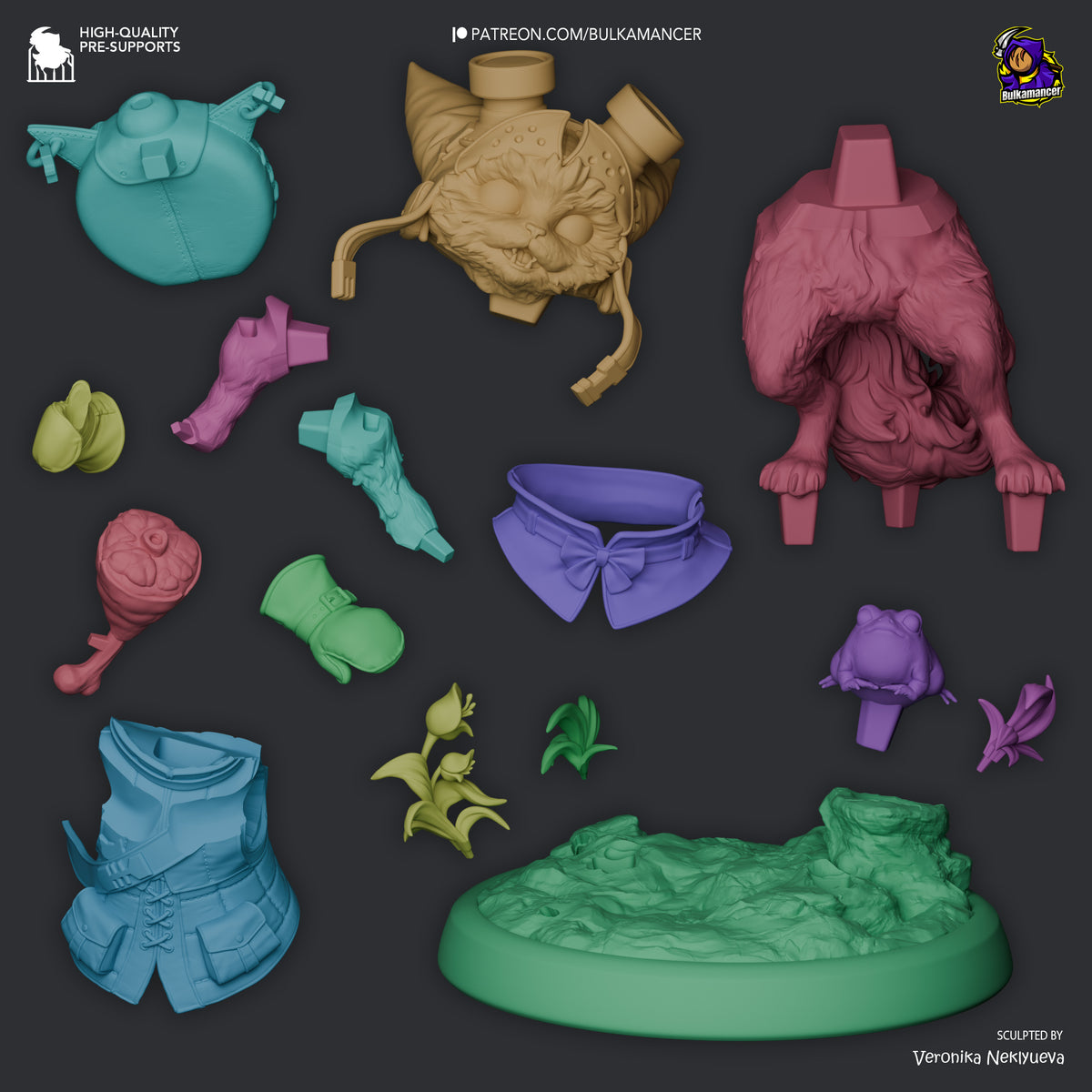 Palico and Toad resin figure parts laid out unpainted in various colors: heads, armor, weapons, accessories, and a textured base by Bulkamancer.