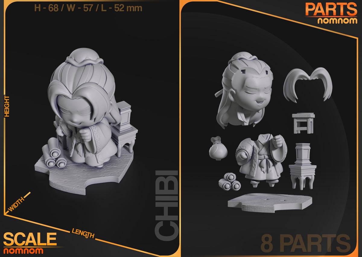 Parts breakdown image showing individual components and assembly layout for Jinshi and Maomao figure.