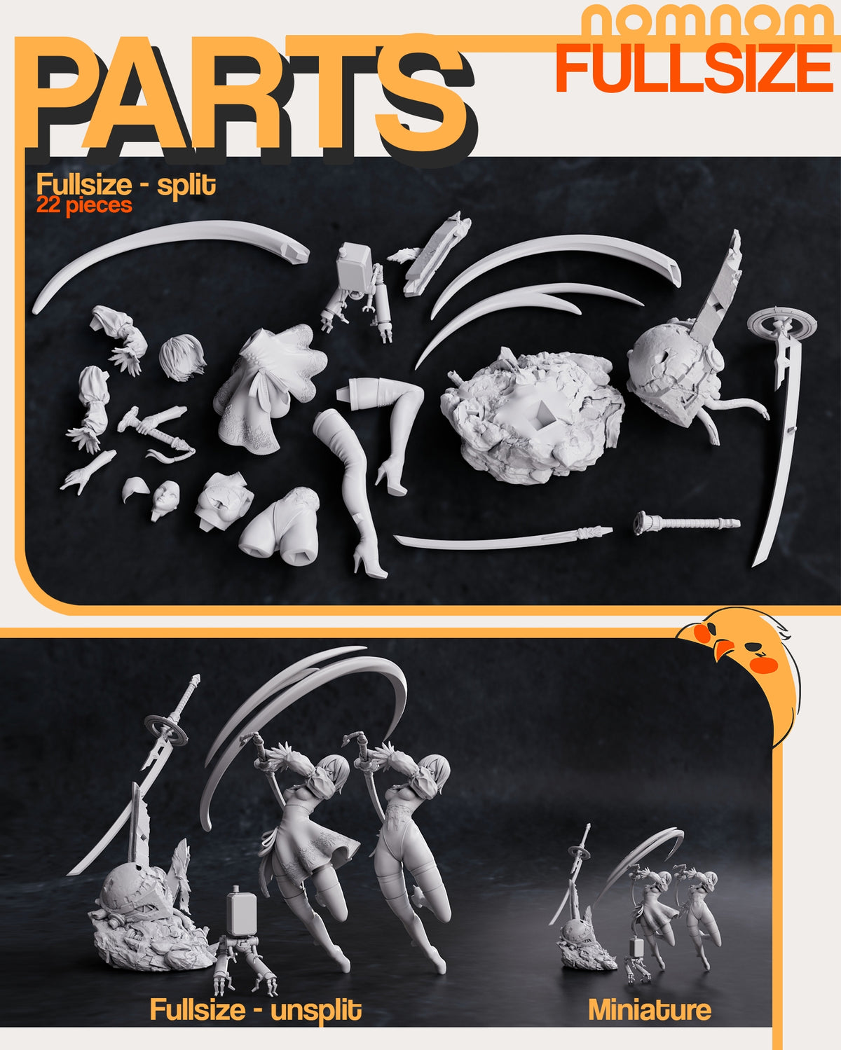 Unpainted 2B from NieR: Automata resin figure parts are arranged flat, with a sculpted base.