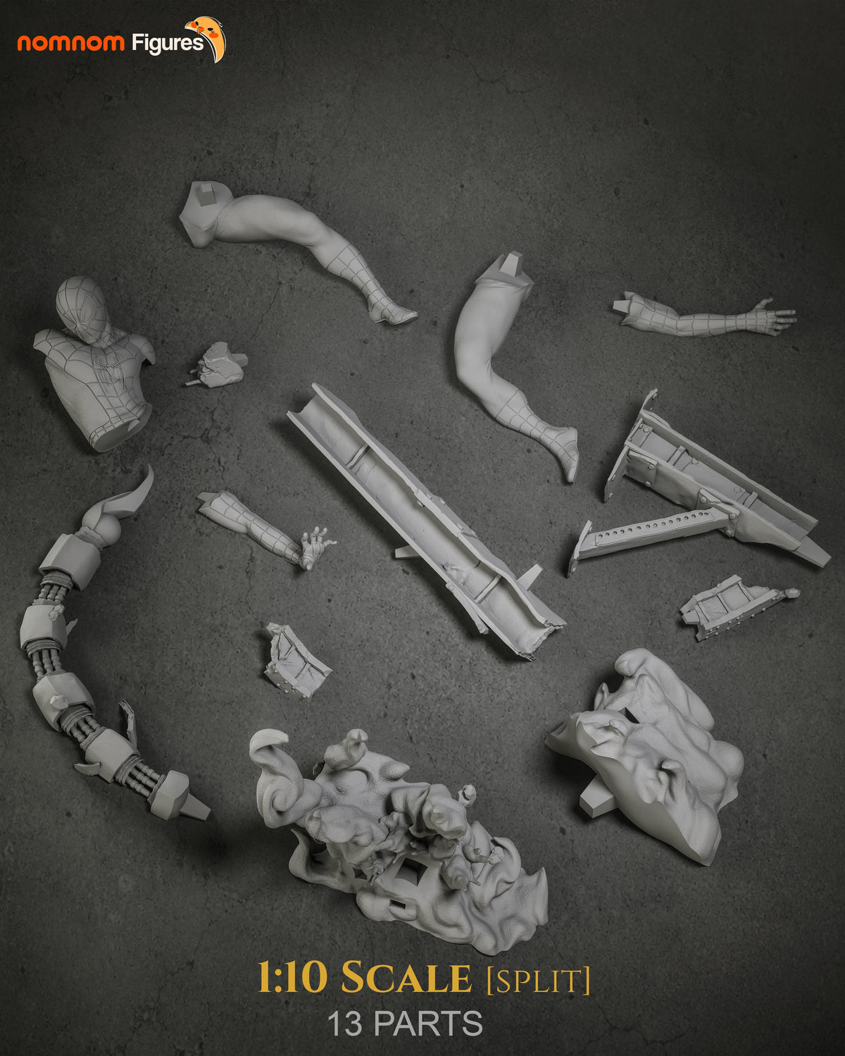 Unpainted 1:10 scale resin figure parts laid out on gray surface, showing Spider-Man bust, limbs, torso, accessories, and decorative base pieces. Nomnom Figures.
