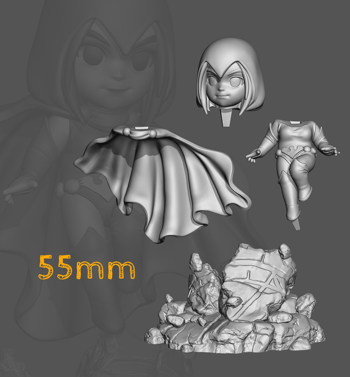 Parts breakdown image showing individual components and assembly layout for Azara, Shadow Sorceress figure.
