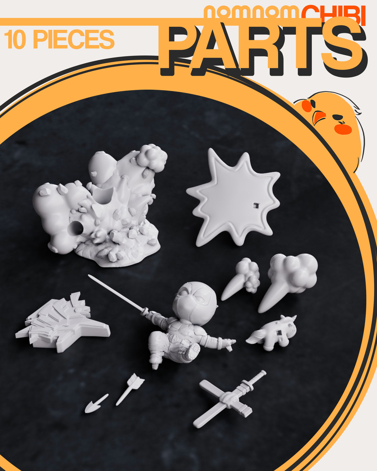 Parts breakdown image showing individual components and assembly layout for Deadpool figure.
