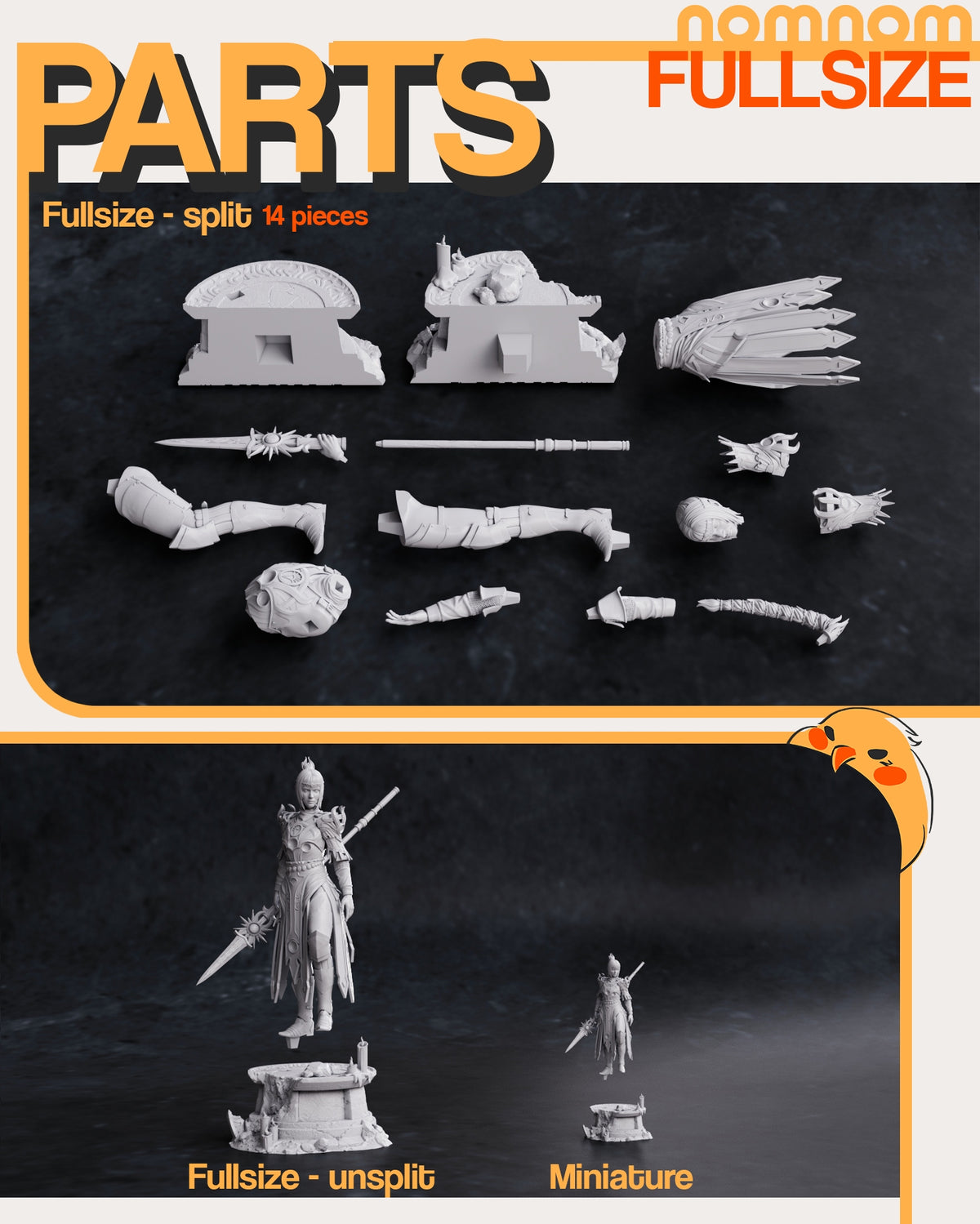 Parts breakdown image showing individual components and assembly layout for female cleric figure.