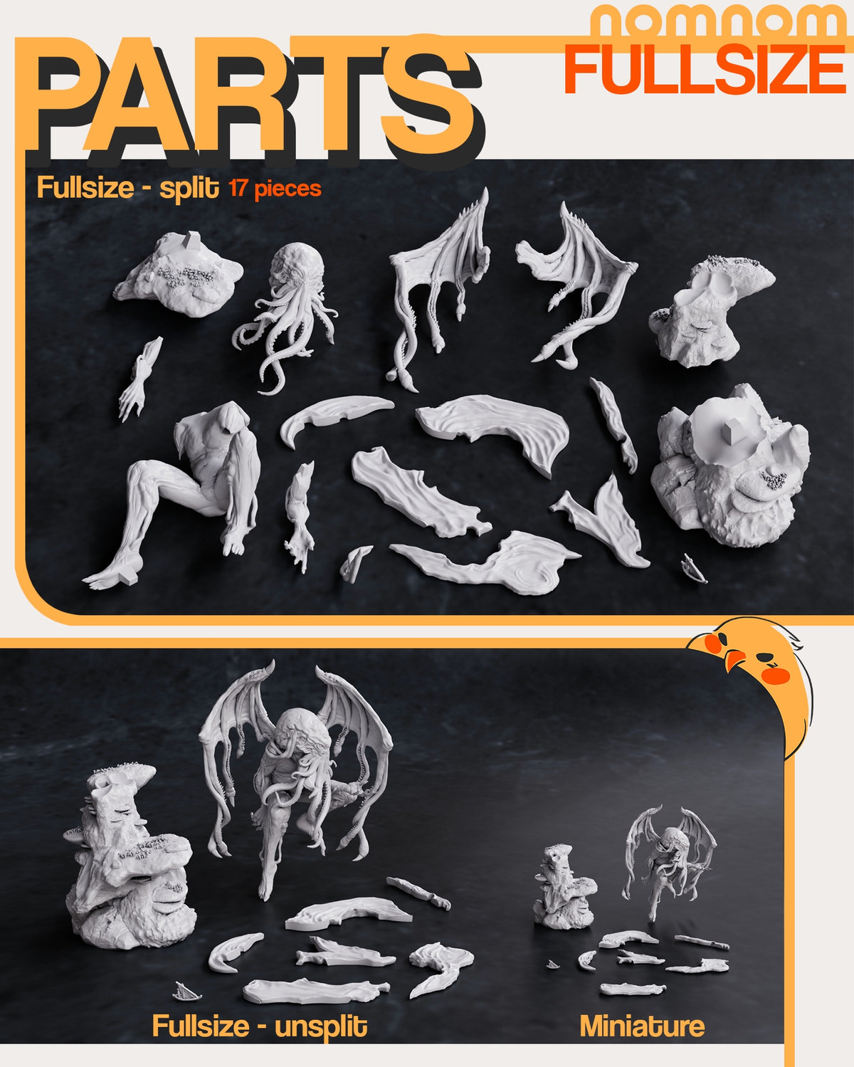 Parts breakdown image showing individual components and assembly layout for Cthulhu figure.