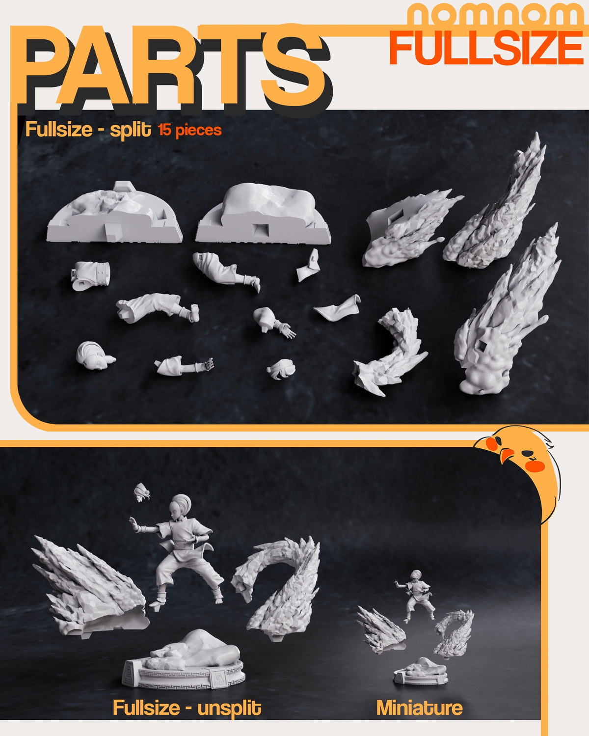 Separated unpainted parts of Toph from Avatar: The Last Airbender resin figure, with rock bases.