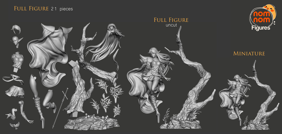 Unpainted Deedlit from Record of Lodoss War resin figure parts and sculpted tree base shown.