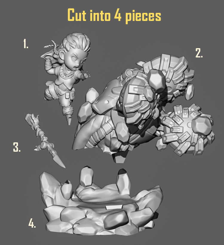 Unpainted Aloy from Horizon resin Chibi figure parts show four pieces: leaping character, machine, spear, and sculpted base.