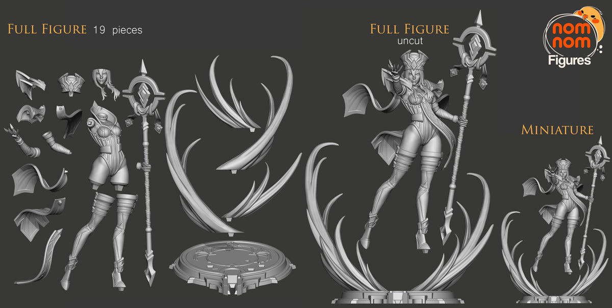 Unpainted Inquisitor Whitemane from World of Warcraft parts flank a resin figure and base.