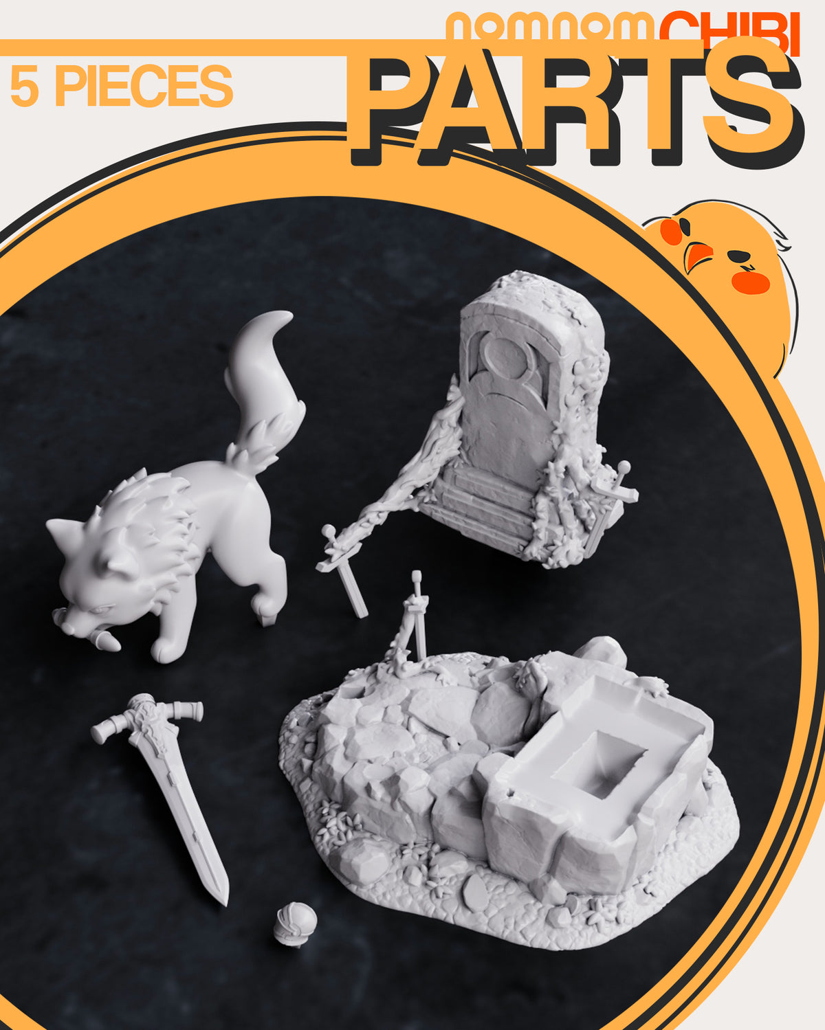 Parts breakdown image showing individual components and assembly layout for Mythic Grey Wolf figure.