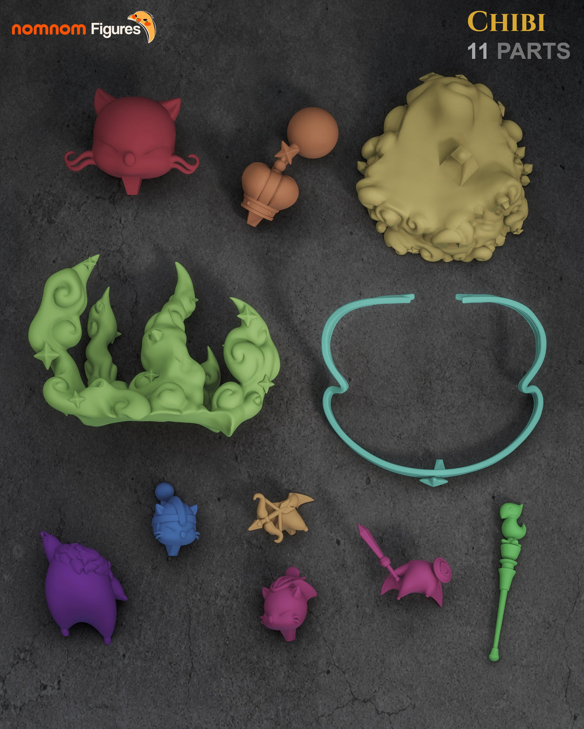 Unpainted parts of the resin Chibi figure Moogle King Mog XII from Final Fantasy are laid flat.