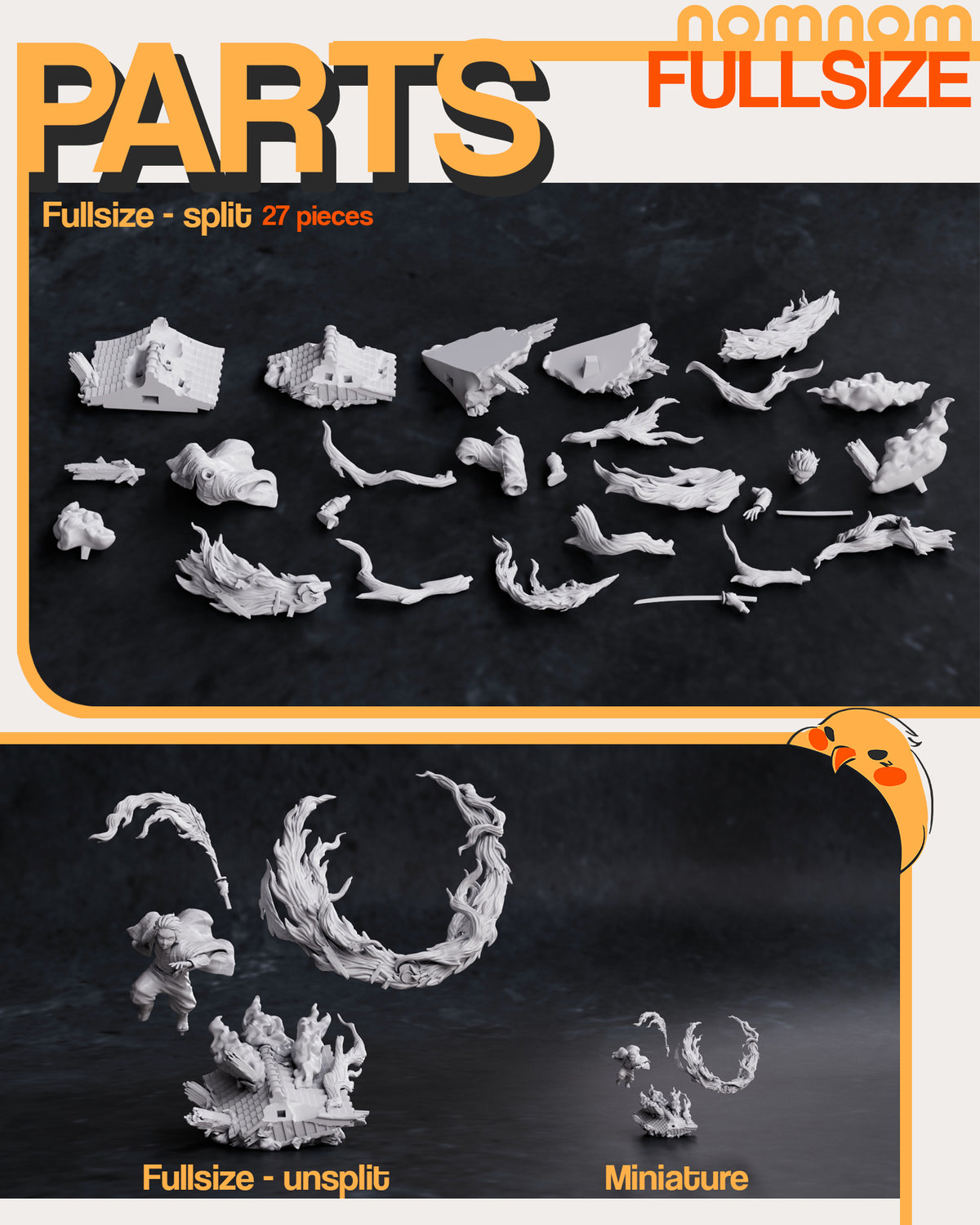 Unpainted Tanjiro from Demon Slayer resin figure parts lie flat, including sculpted base pieces.