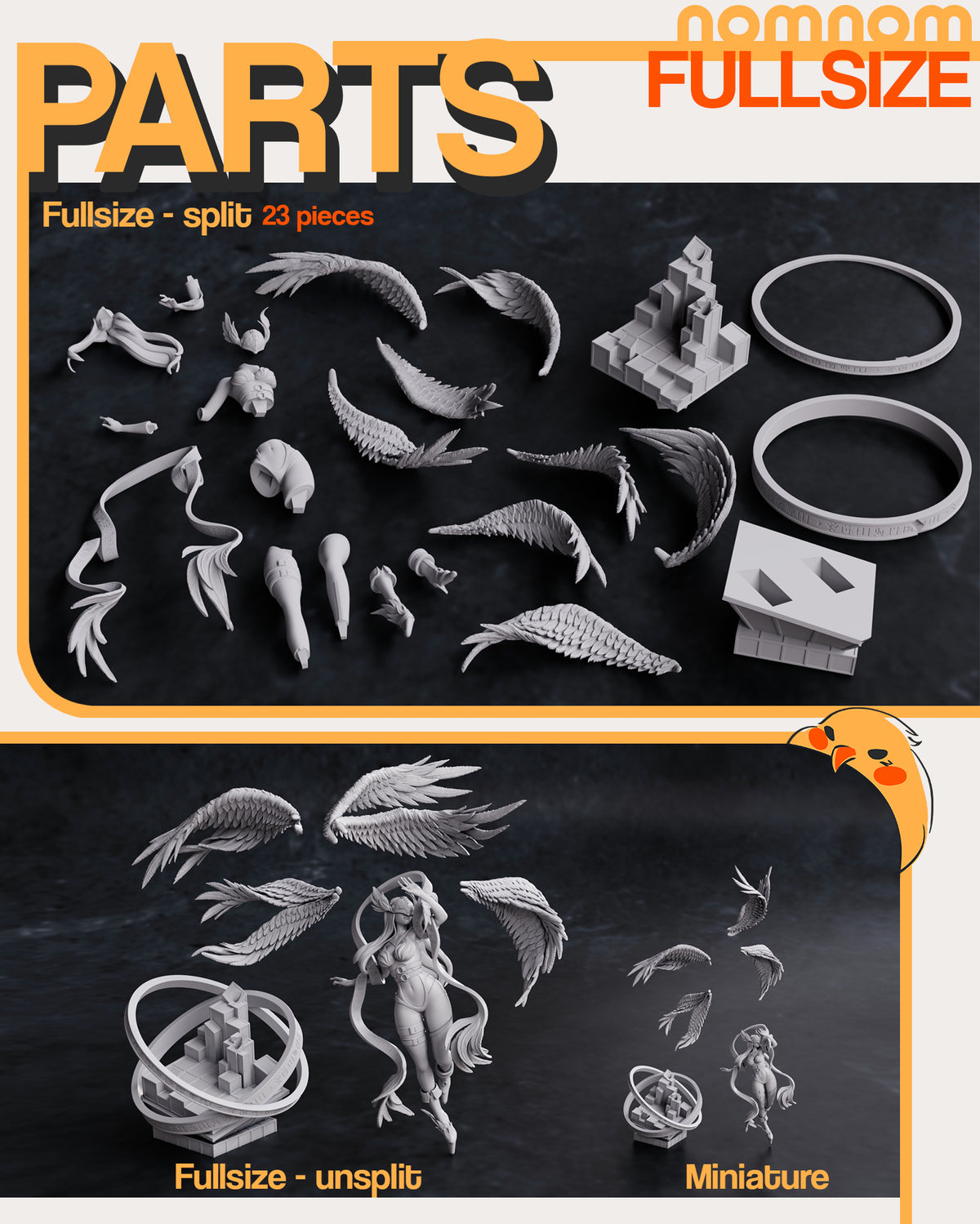 Parts breakdown image showing individual components and assembly layout for angelic digital guardian figure.