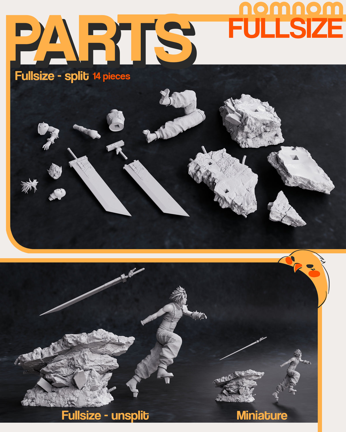 Parts breakdown image showing individual components and assembly layout for Cloud Strife figure.