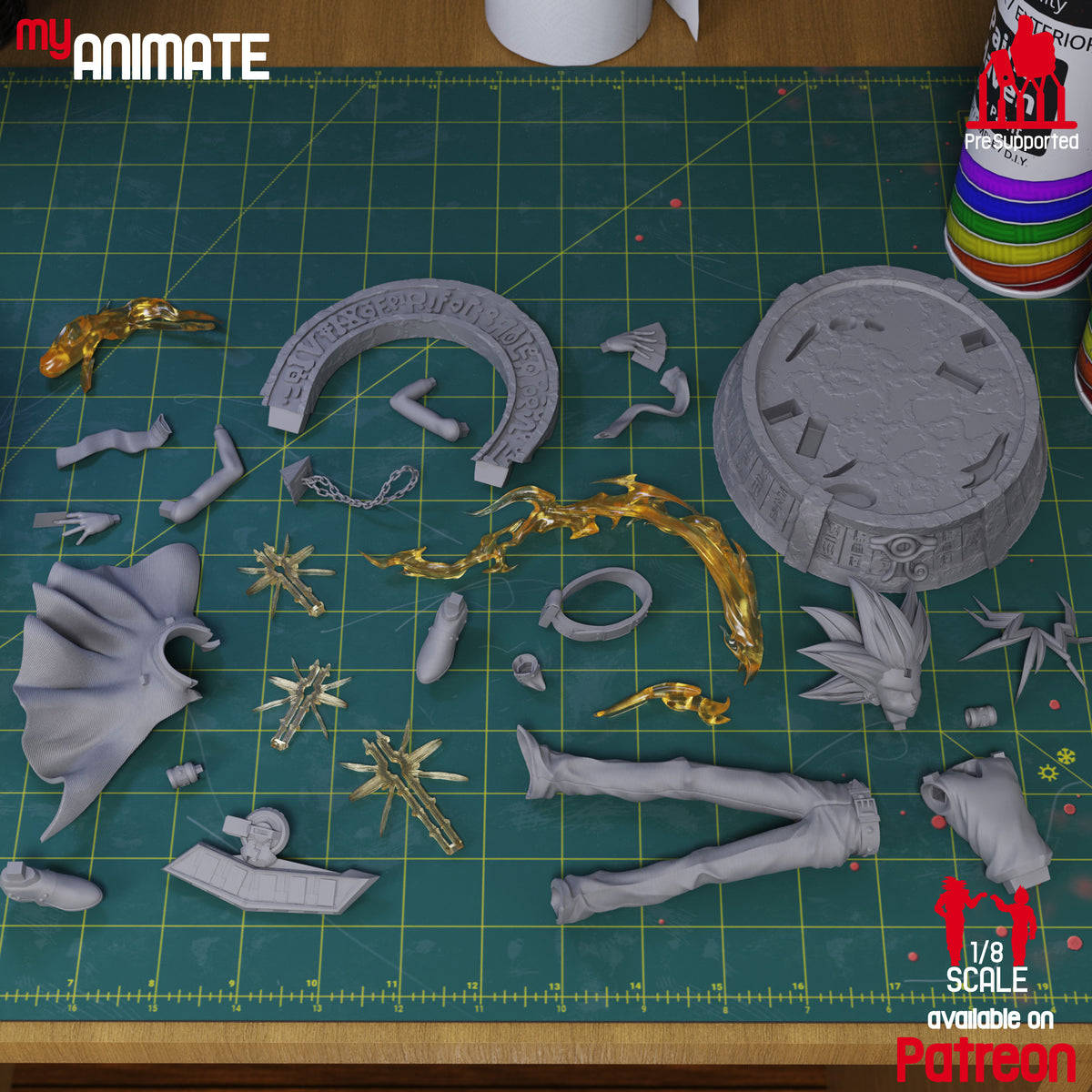 Overhead Yugi from Yu-Gi-Oh! resin figure parts mix unpainted pieces with gold details around a sculpted base.