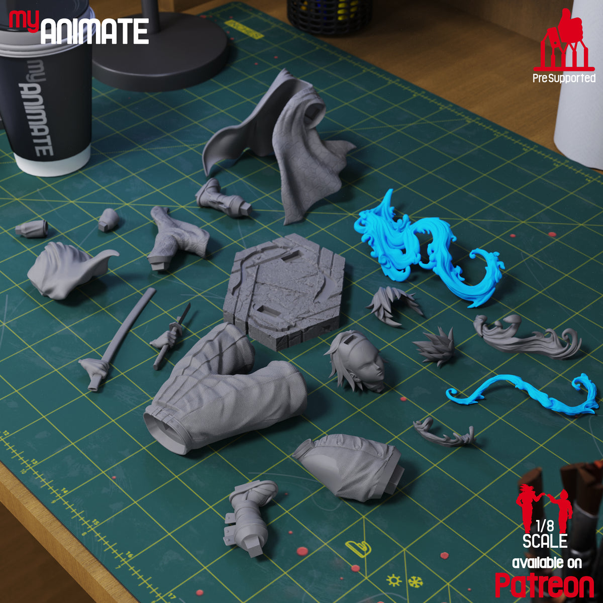 Tomioka from Demon Slayer resin figure parts are shown unpainted, including a base, clothing, head, and effects.