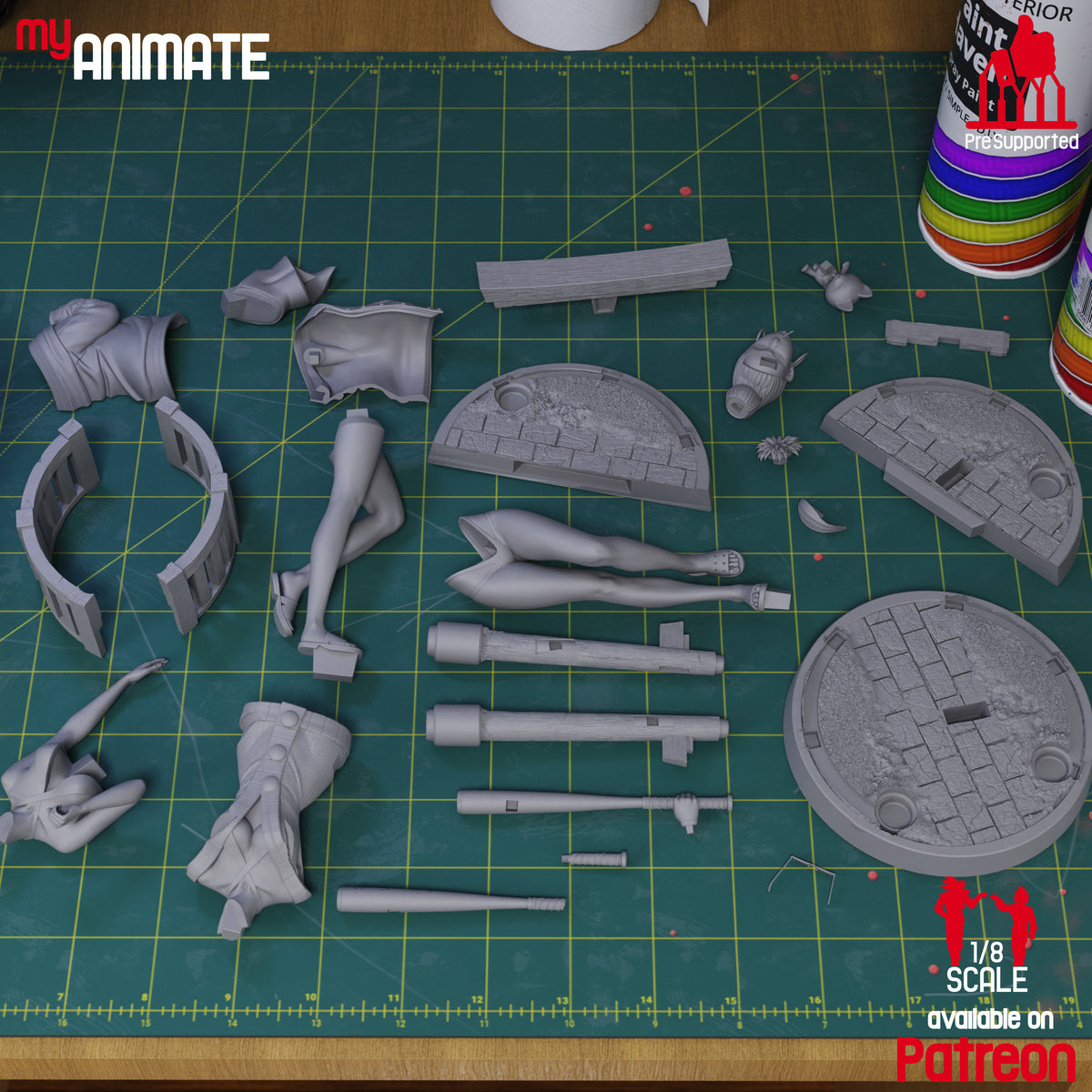 Top-down parts layout of an unpainted Seiko resin figure from Dandadan with sculpted bases and accessories.