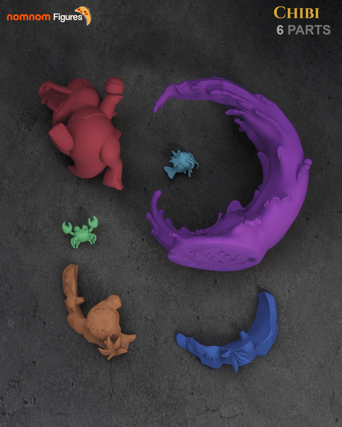 Top view shows six unpainted Totodile parts from Pokémon, including a resin Chibi figure and base.