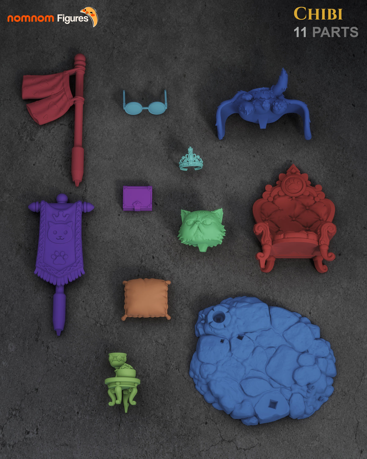 Top-down parts layout for Princess Donut from Dungeon Crawler Carl resin Chibi figure, unpainted.