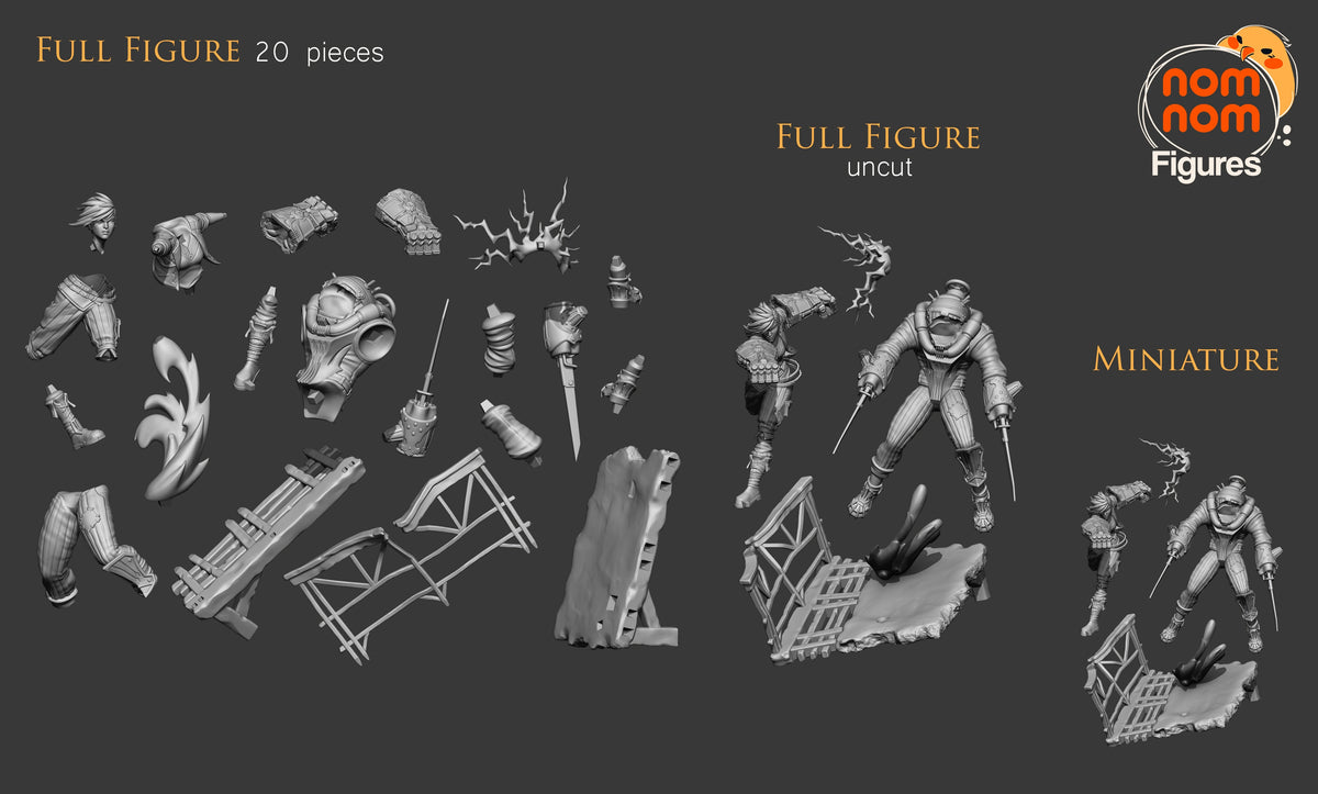 Unpainted Vi from Arcane resin figure parts are arranged with limbs, gauntlets, and a sculpted base.