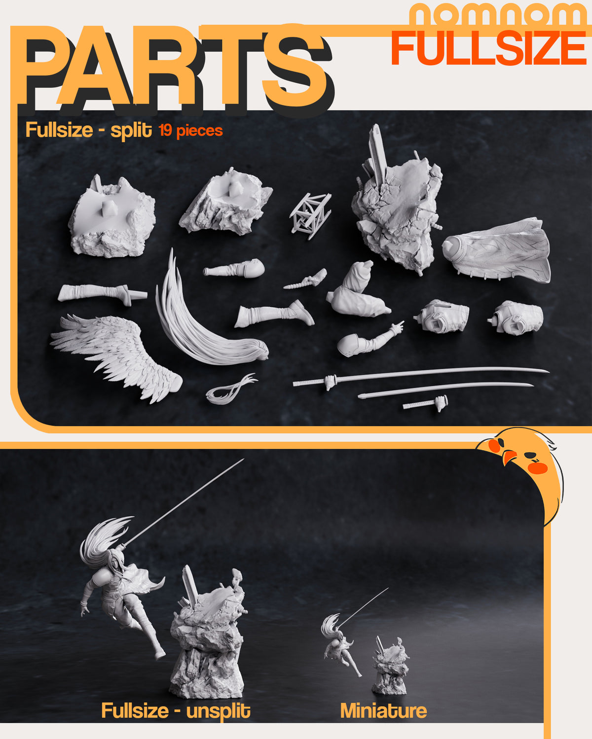 Parts breakdown image showing individual components and assembly layout for Sephiroth figure.