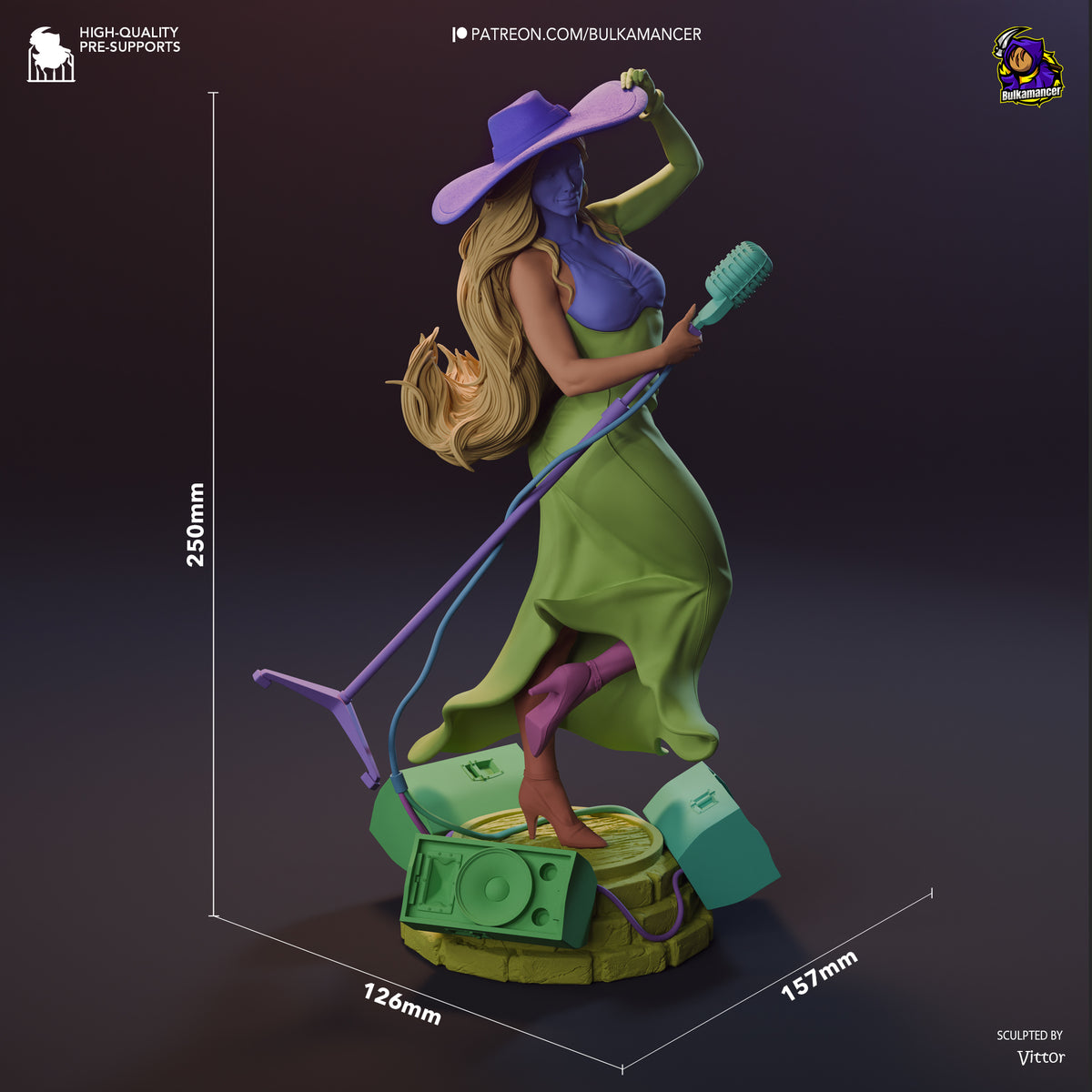 Metro Mayor Songstress resin figure shown at 250mm height with dynamic pose holding microphone and staff, colorful painted details, rocky base with speaker element.