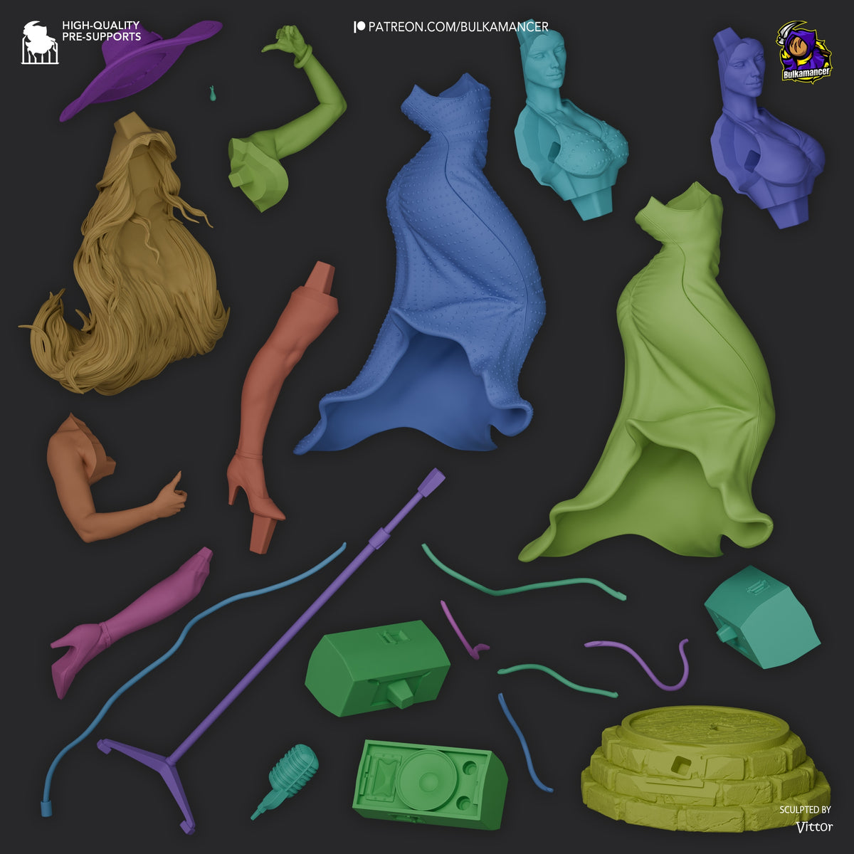 Disassembled resin figure parts for Metro Mayor Songstress from Mushroom Adventure in various colors, including body torso, limbs, head, hair, accessories, and textured base by Bulkamancer.