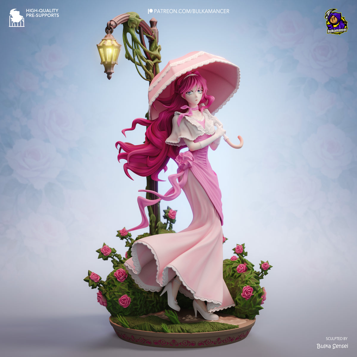 Penelope Eckhart from Villains Are Destined to Die stands with a parasol on a rose-covered sculpted base as a painted resin,?