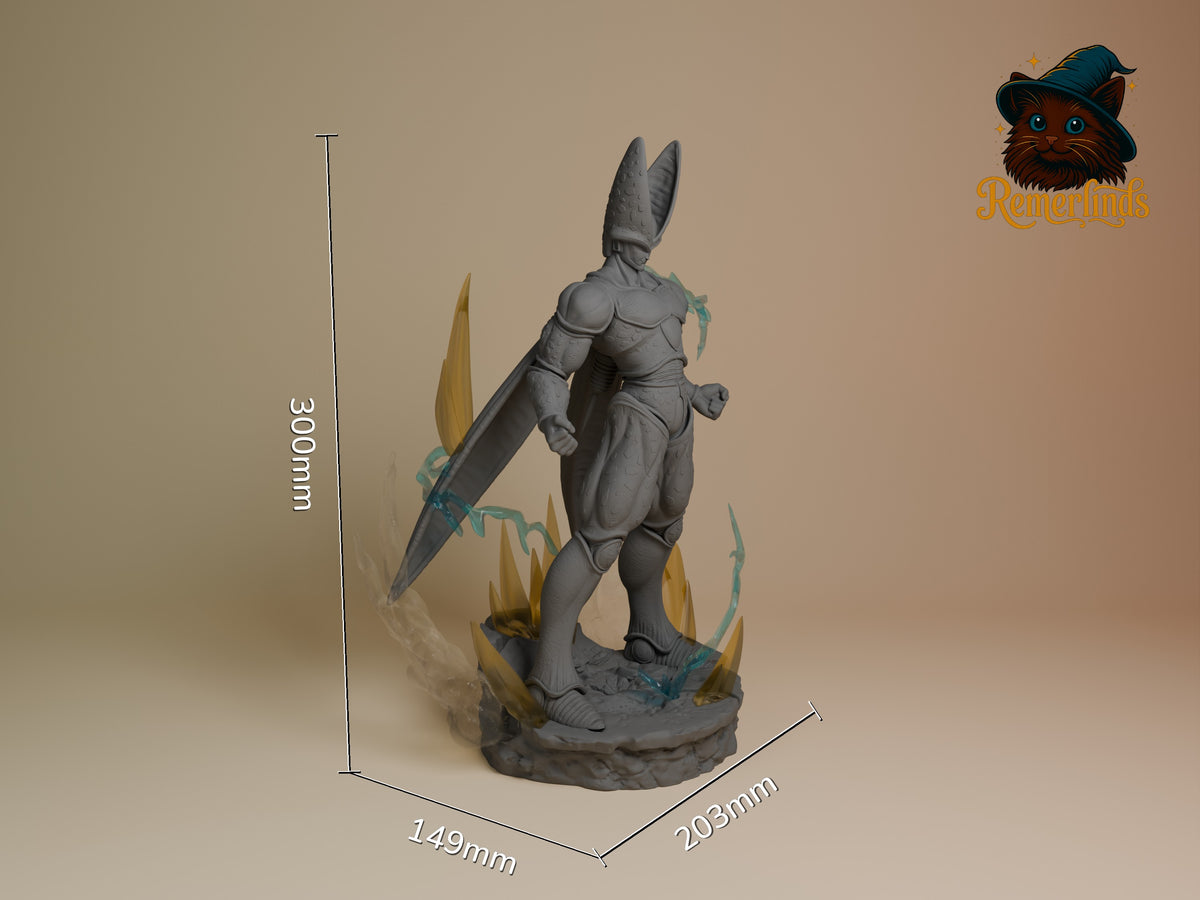 Menace resin figure from Dragon Sphere Y shown at scale with dimensions, unpainted gray finish, dynamic pose with large blade, decorative base.