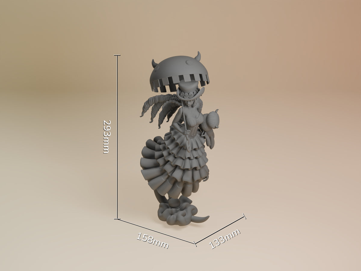 Perona from One Piece, an unpainted resin figure shown at a three-quarter angle with a sculpted base and dimensions.