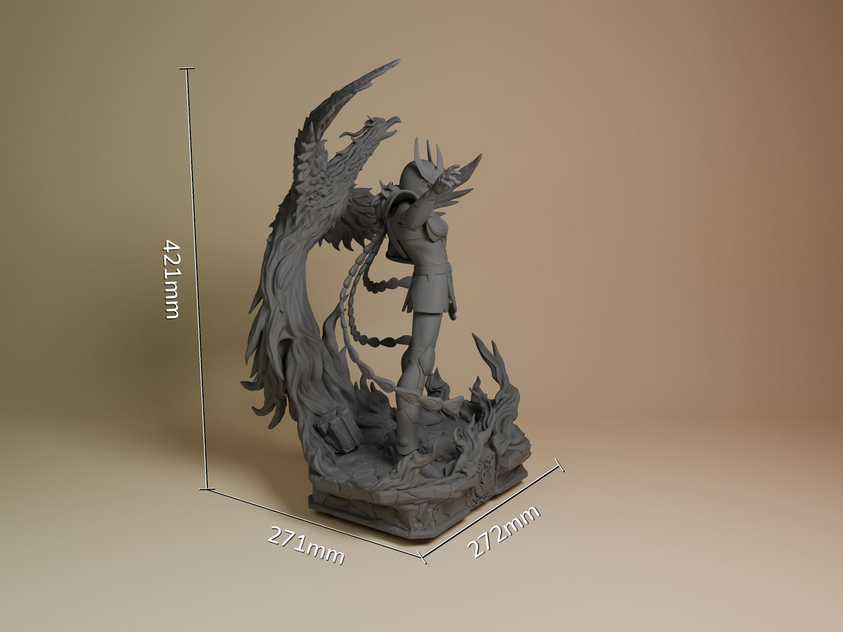 Phoenix Ikki resin figure from Saint Seiya shown at scale with dimensions 421x271x272mm, displaying detailed sculpting of winged character on ornate base.