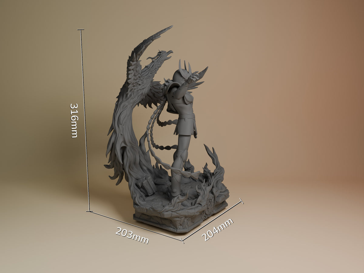 Phoenix Ikki resin figure shown from front angle in unpainted gray resin, 316mm tall, displaying detailed wings and spiked armor on ornate base.
