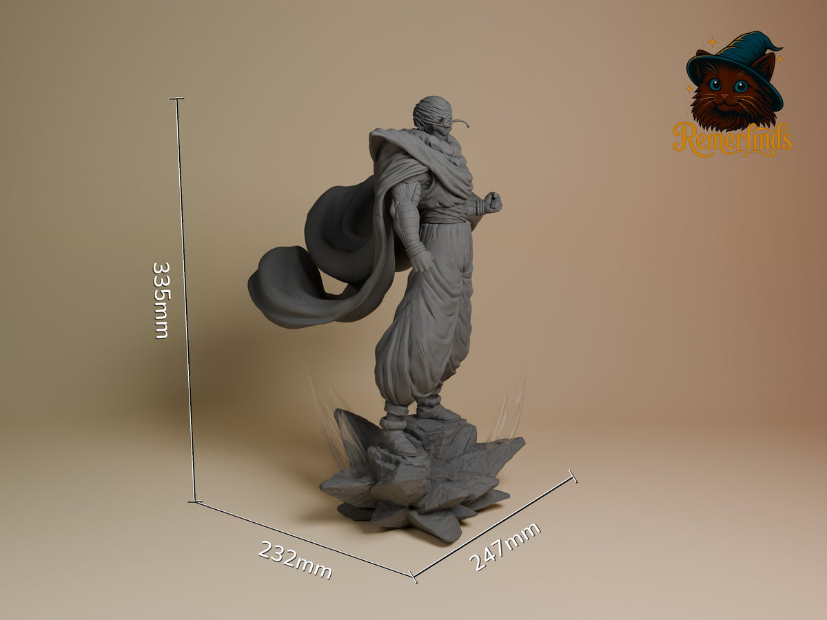 Green Warrior Monk resin figure shown at scale with dimensions 335mm height, 232mm width, 247mm depth, unpainted gray finish, dynamic pose with flowing cape.